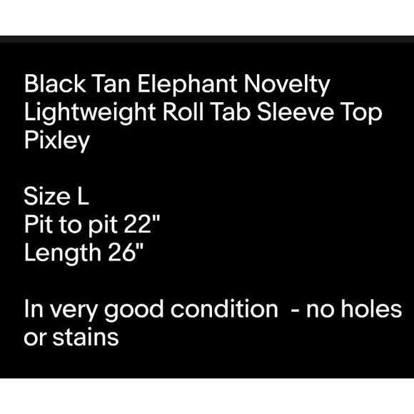Black Tan Elephant Novelty Lightweight Roll Tab Sleeve Top Pixley Sz L - Picture 8 of 8